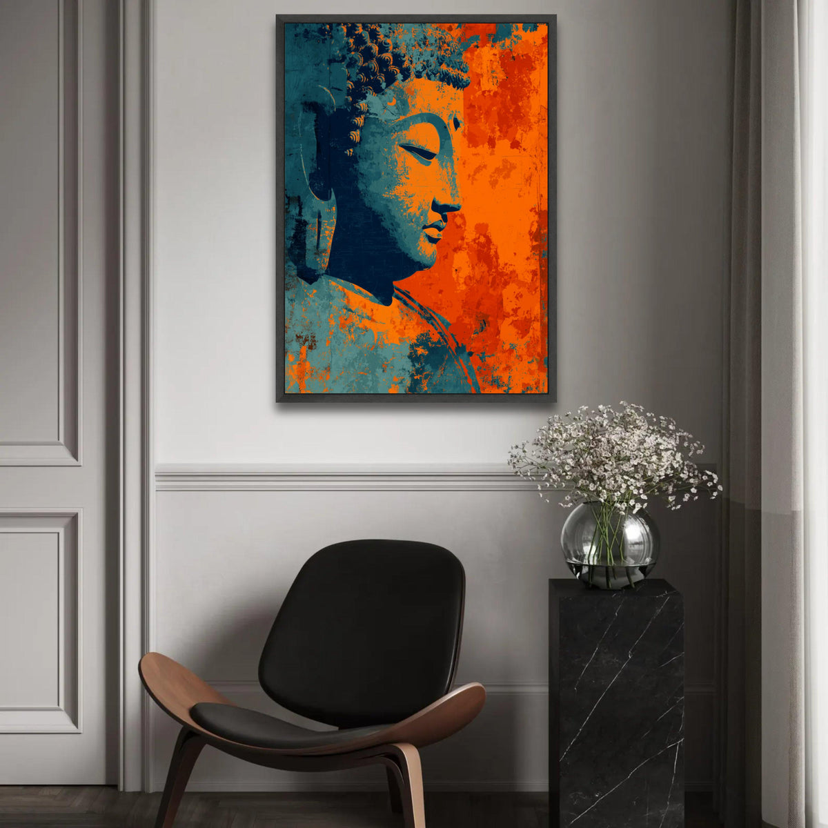 Meditative Buddha Profile Canvas, Abstract Spiritual Wall Art, Orange Blue Buddha Painting, Zen Home Decoration, Ready To Hang Decoration