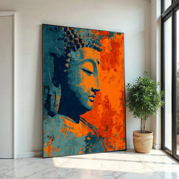 Meditative Buddha Profile Canvas, Abstract Spiritual Wall Art, Orange Blue Buddha Painting, Zen Home Decoration, Ready To Hang Decoration