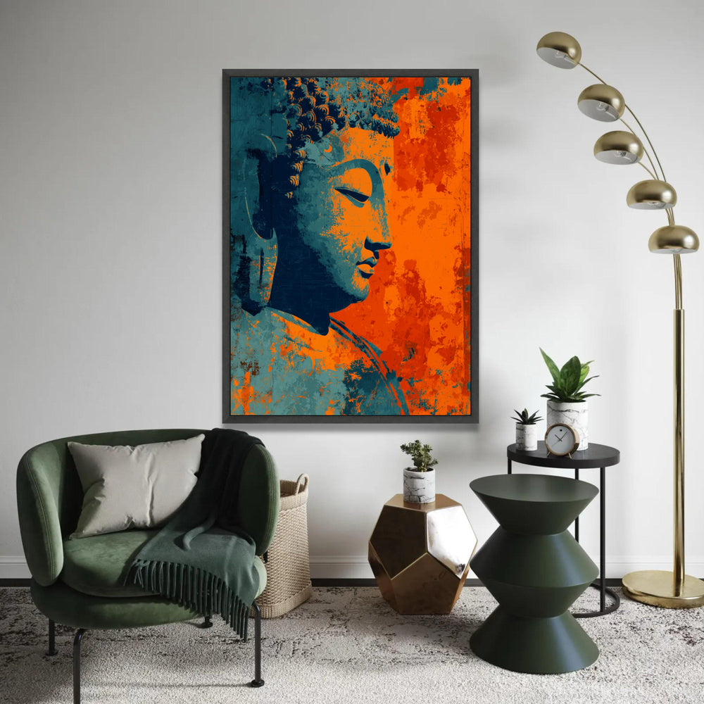 Meditative Buddha Profile Canvas, Abstract Spiritual Wall Art, Orange Blue Buddha Painting, Zen Home Decoration, Ready To Hang Decoration