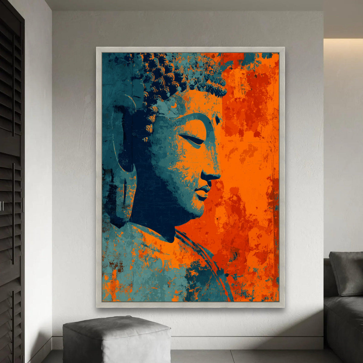 Meditative Buddha Profile Canvas, Abstract Spiritual Wall Art, Orange Blue Buddha Painting, Zen Home Decoration, Ready To Hang Decoration