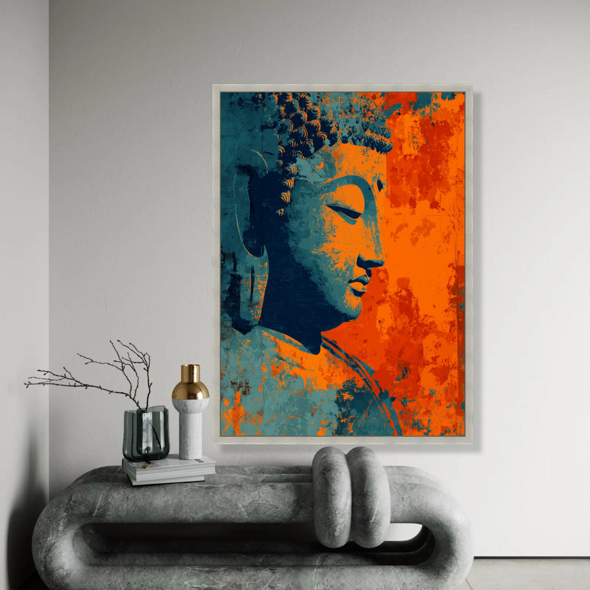 Meditative Buddha Profile Canvas, Abstract Spiritual Wall Art, Orange Blue Buddha Painting, Zen Home Decoration, Ready To Hang Decoration