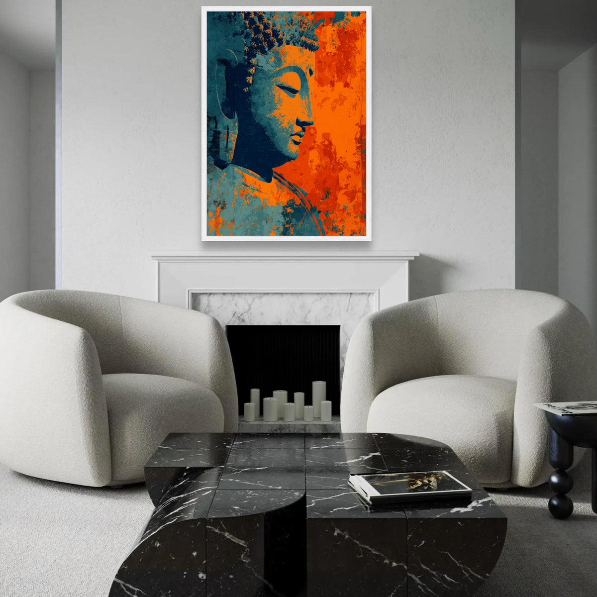 Meditative Buddha Profile Canvas, Abstract Spiritual Wall Art, Orange Blue Buddha Painting, Zen Home Decoration, Ready To Hang Decoration