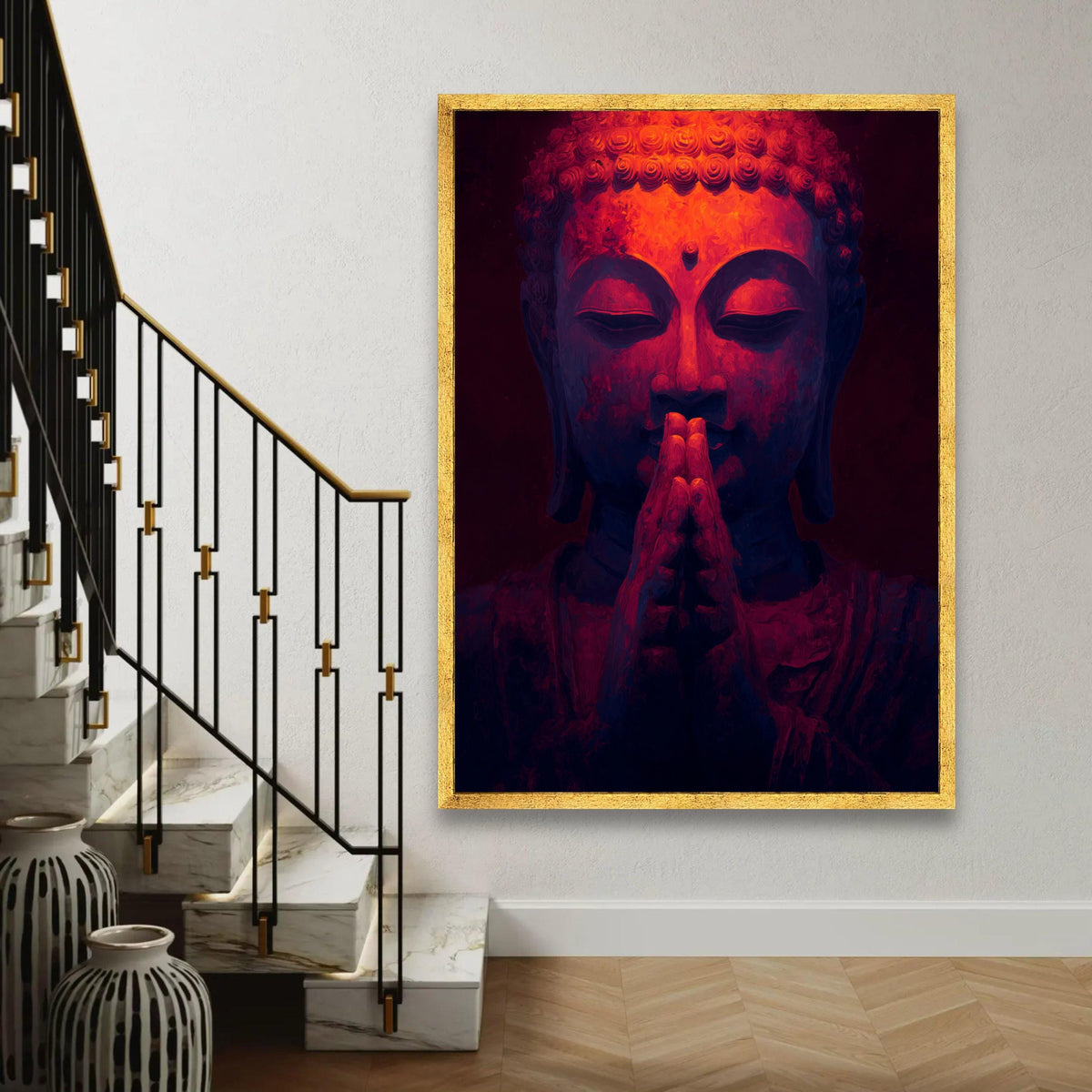 Meditation Buddha Canvas Wall Art, Spiritual Prayer Hands Painting, Zen Home Decor, Tranquil Buddha Face Canvas, Ready To Hang Decoration