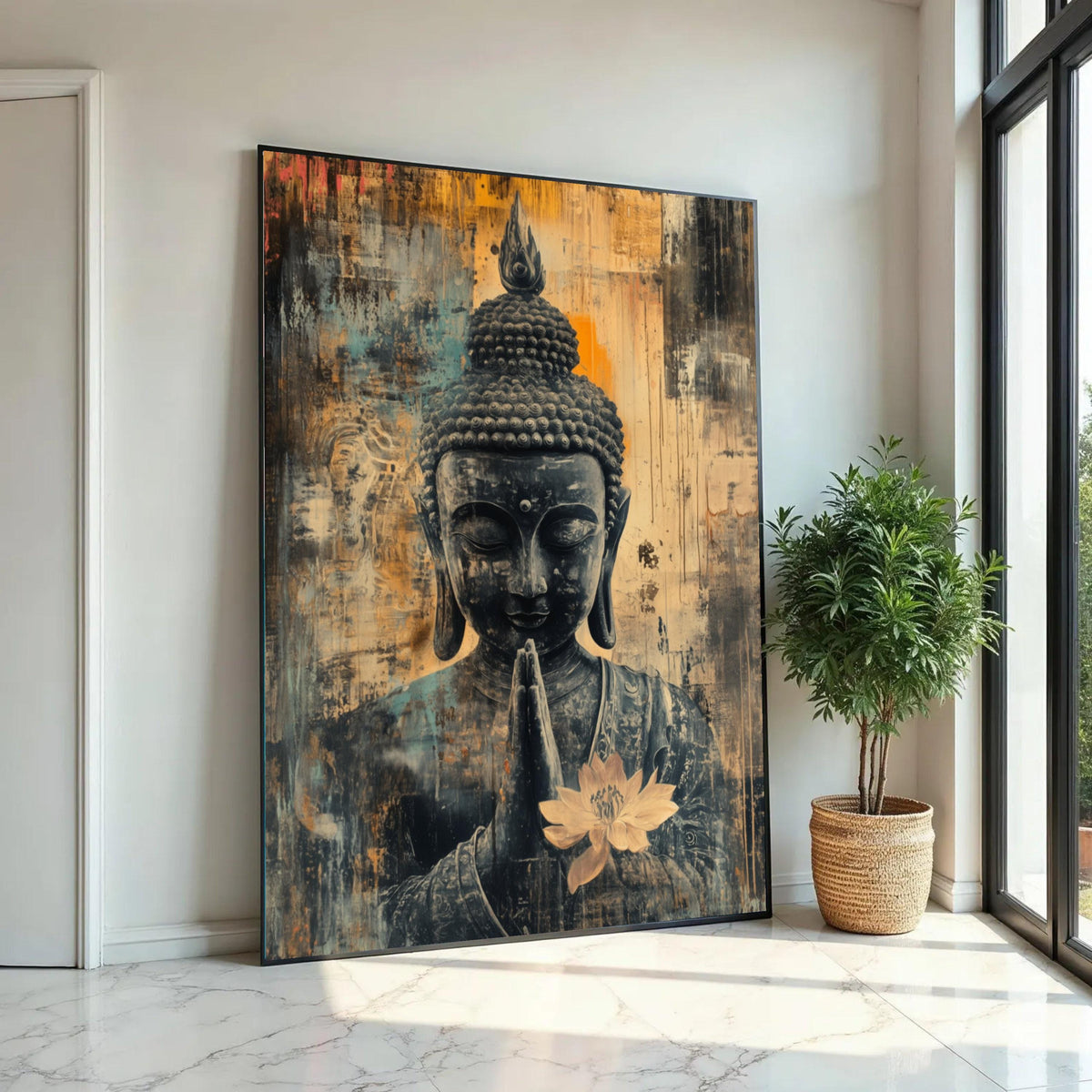 Serene Buddha Canvas Wall Art, Praying Buddha with Lotus Flower, Spiritual Meditation Art, Asian Home Decor, Ready To Hang Decoration