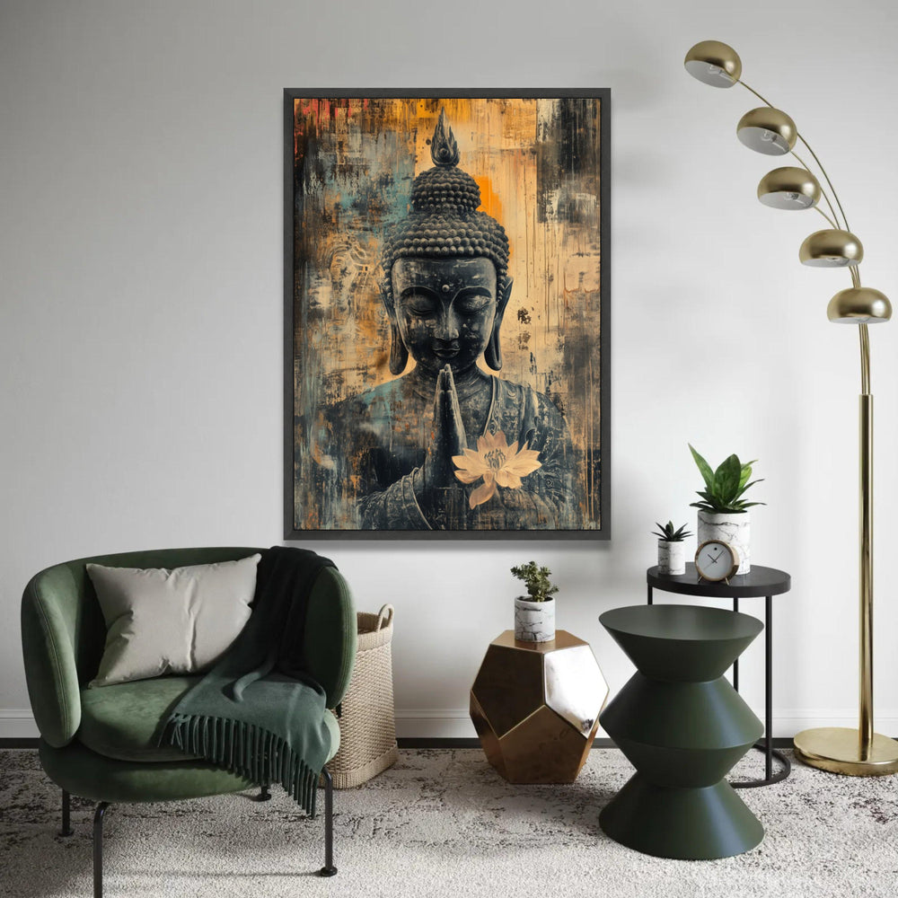 Serene Buddha Canvas Wall Art, Praying Buddha with Lotus Flower, Spiritual Meditation Art, Asian Home Decor, Ready To Hang Decoration