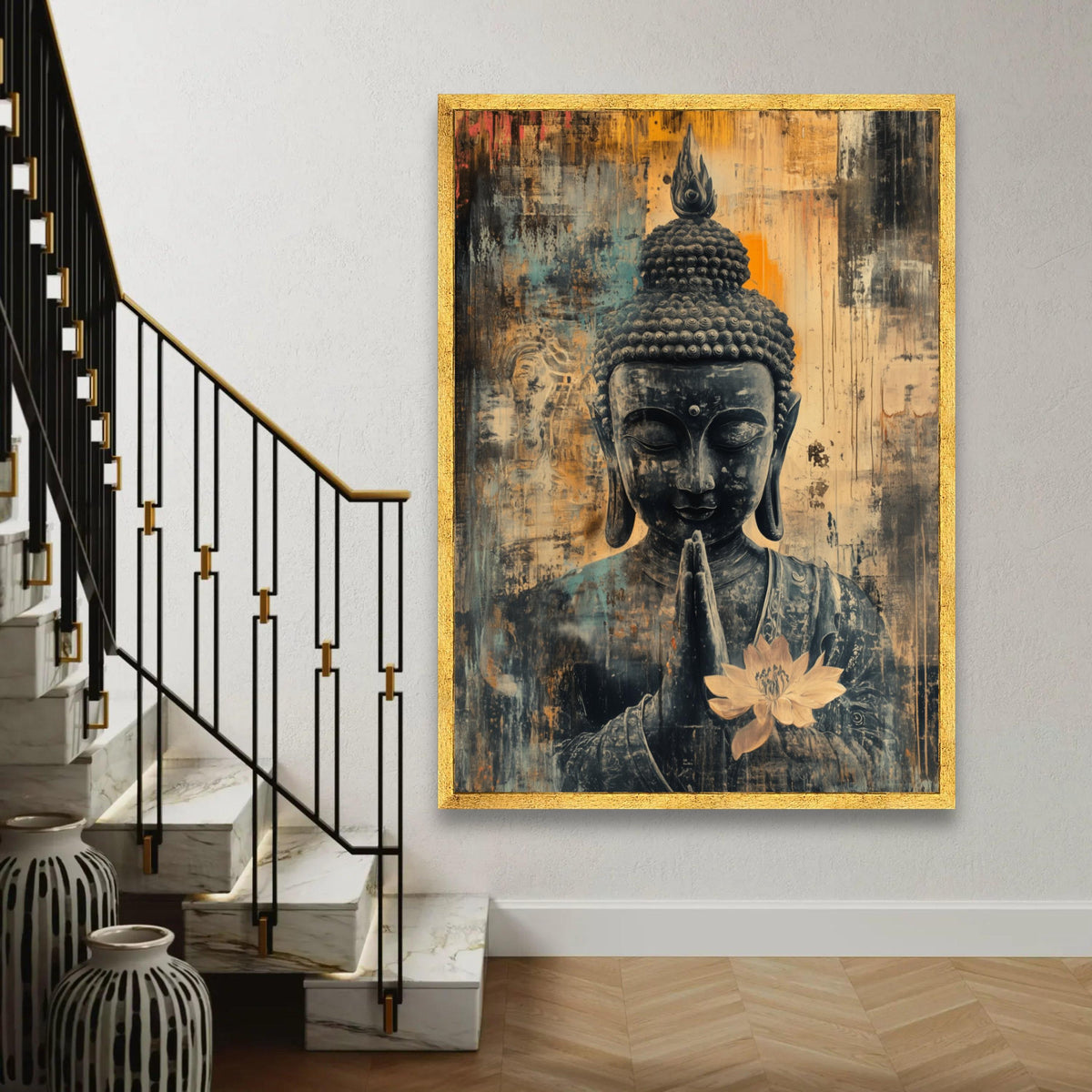 Serene Buddha Canvas Wall Art, Praying Buddha with Lotus Flower, Spiritual Meditation Art, Asian Home Decor, Ready To Hang Decoration