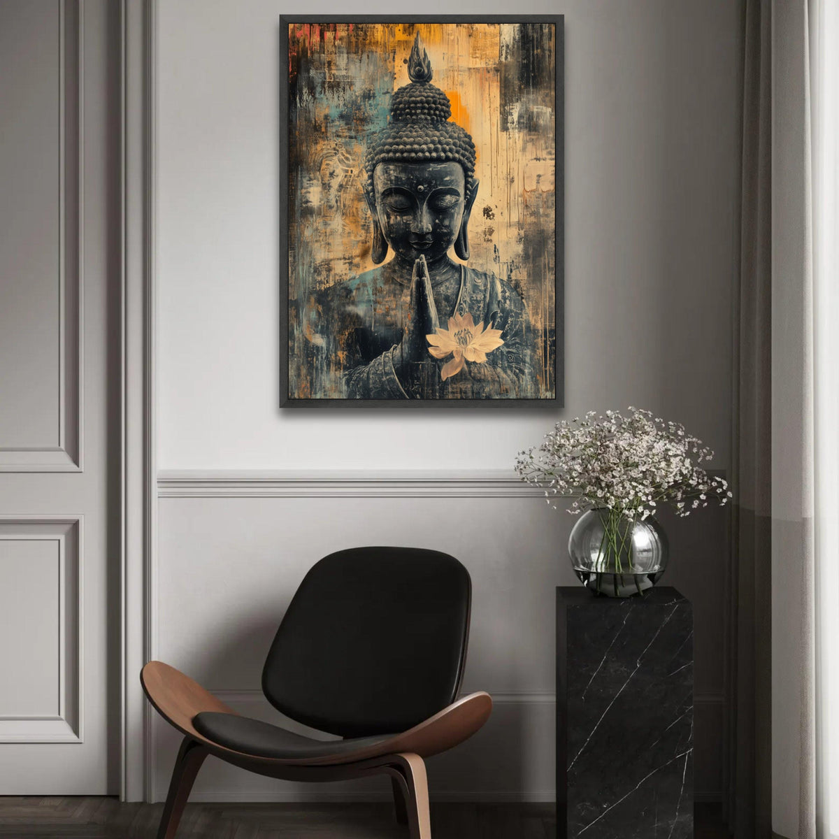 Serene Buddha Canvas Wall Art, Praying Buddha with Lotus Flower, Spiritual Meditation Art, Asian Home Decor, Ready To Hang Decoration