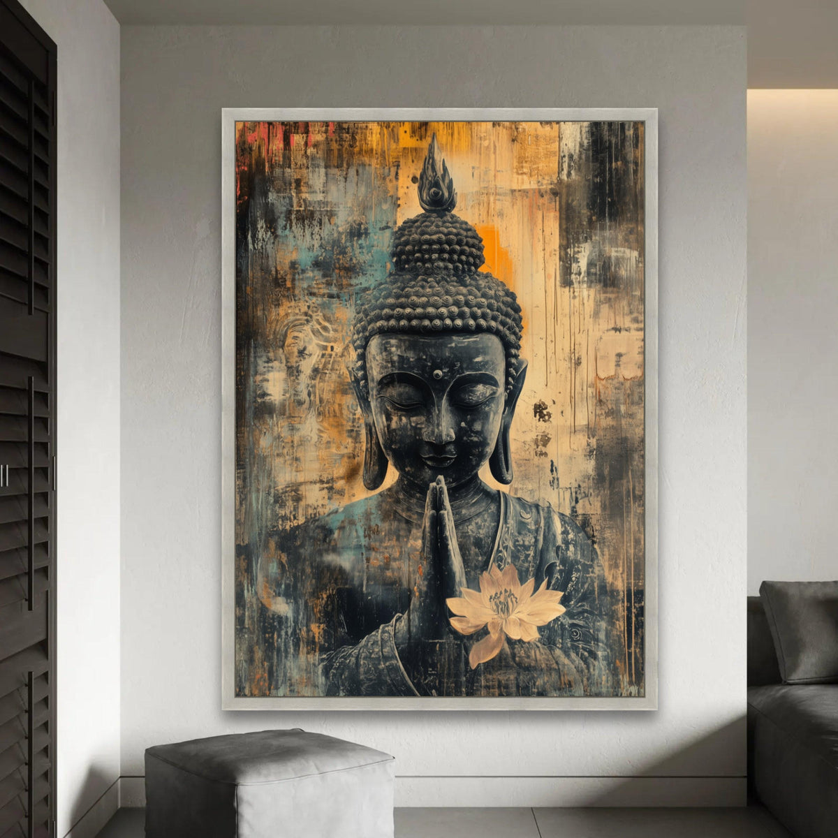 Serene Buddha Canvas Wall Art, Praying Buddha with Lotus Flower, Spiritual Meditation Art, Asian Home Decor, Ready To Hang Decoration