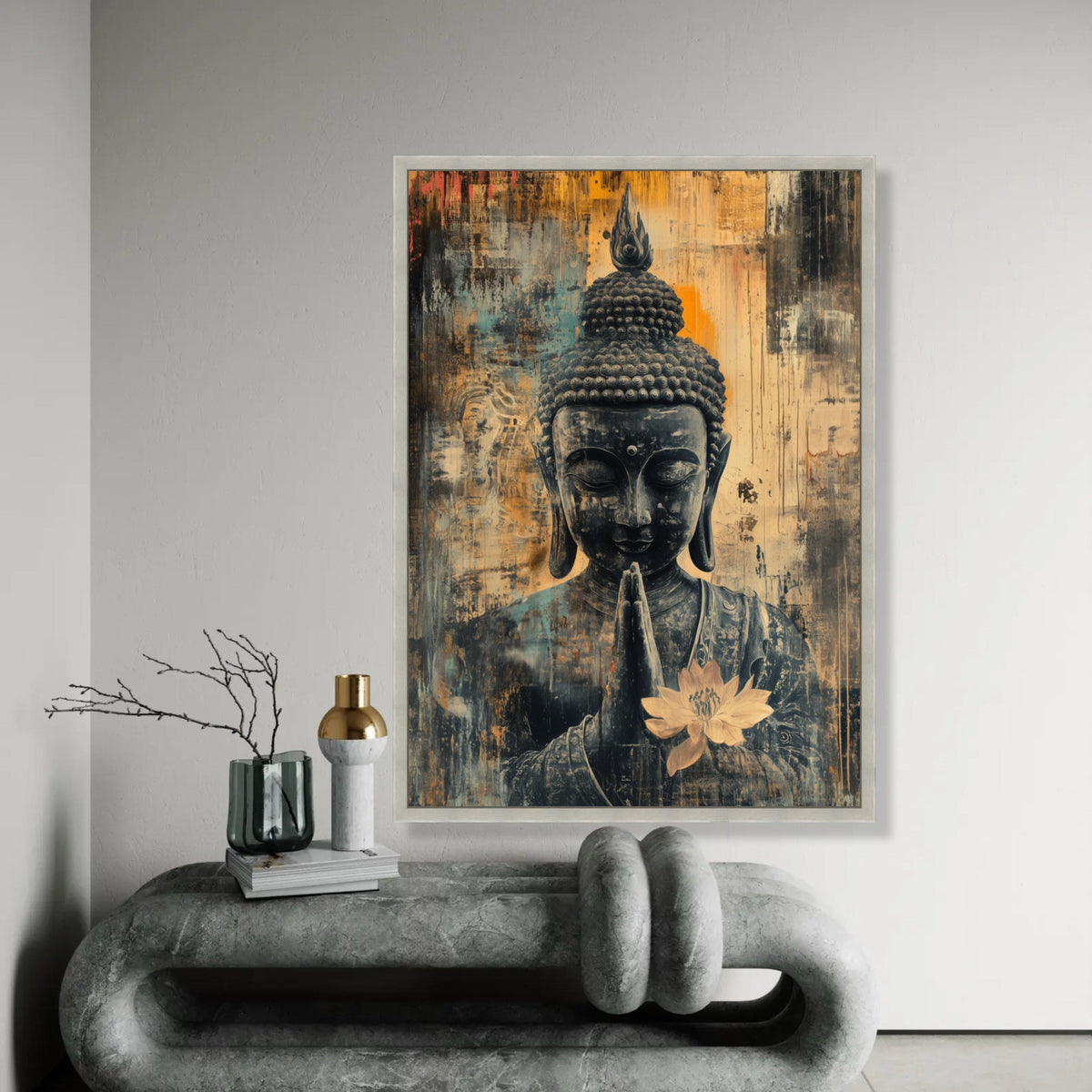 Serene Buddha Canvas Wall Art, Praying Buddha with Lotus Flower, Spiritual Meditation Art, Asian Home Decor, Ready To Hang Decoration