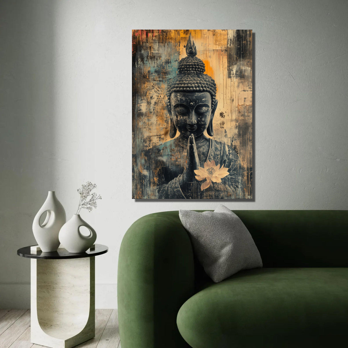 Serene Buddha Canvas Wall Art, Praying Buddha with Lotus Flower, Spiritual Meditation Art, Asian Home Decor, Ready To Hang Decoration