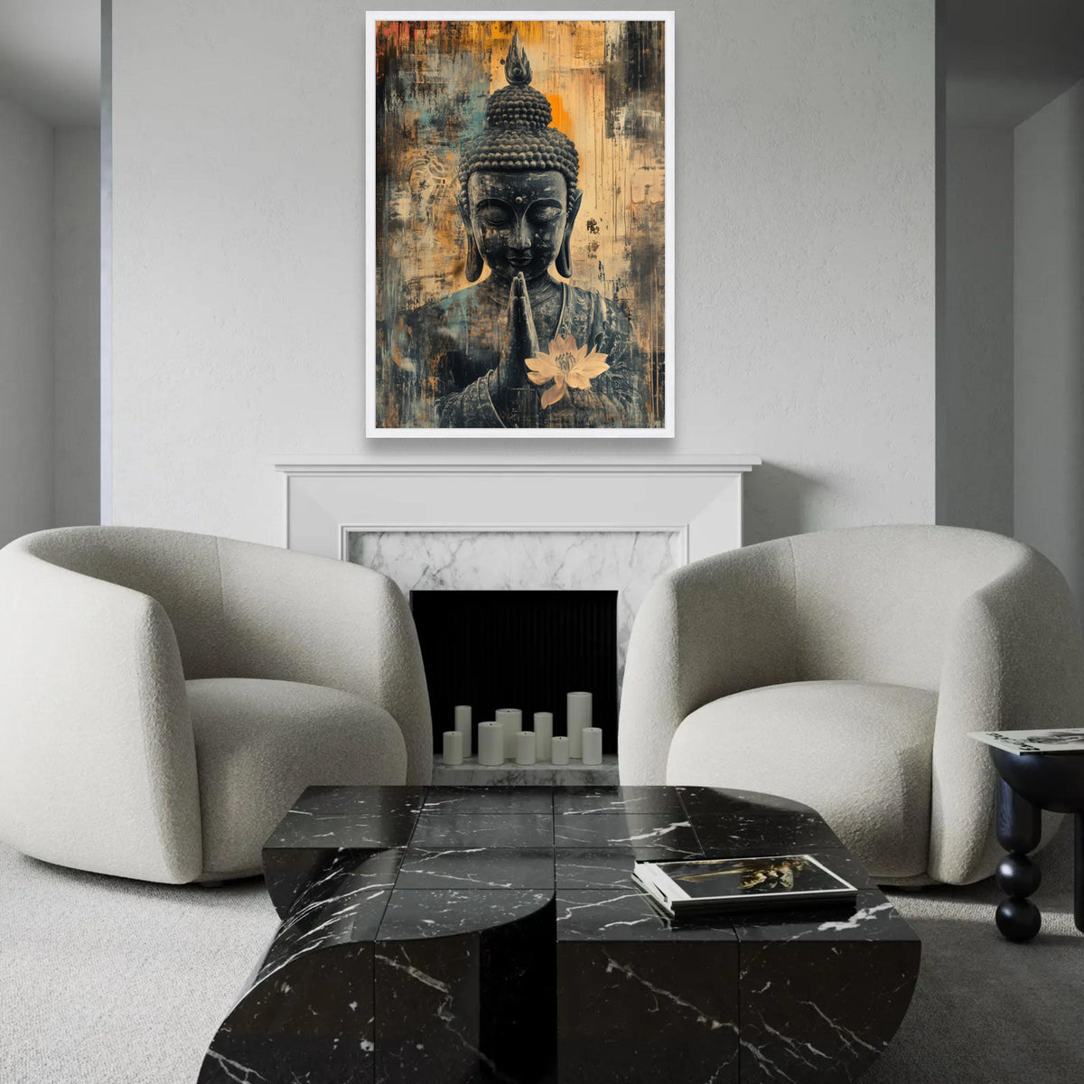 Serene Buddha Canvas Wall Art, Praying Buddha with Lotus Flower, Spiritual Meditation Art, Asian Home Decor, Ready To Hang Decoration