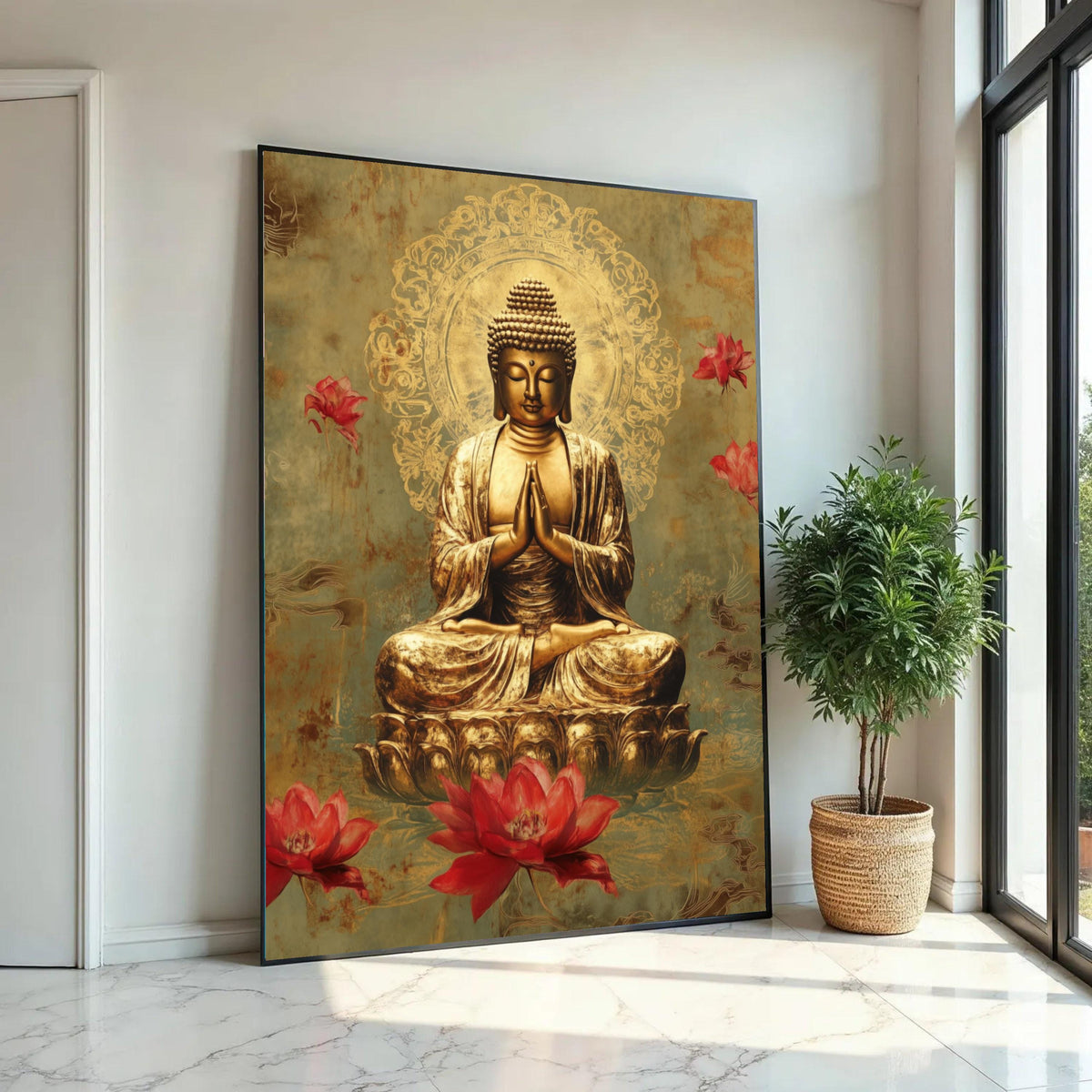 Golden Buddha Meditation Canvas Wall Art, Spiritual Lotus Flowers Decoration, Zen Buddhist Art, Tranquil Home Ready To Hang Decoration