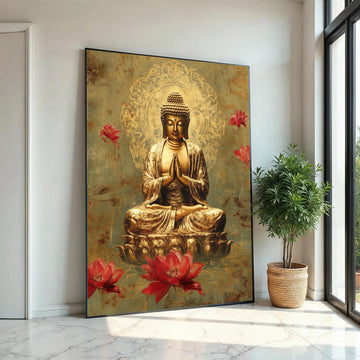 Golden Buddha Meditation Canvas Wall Art, Spiritual Lotus Flowers Decoration, Zen Buddhist Art, Tranquil Home Ready To Hang Decoration