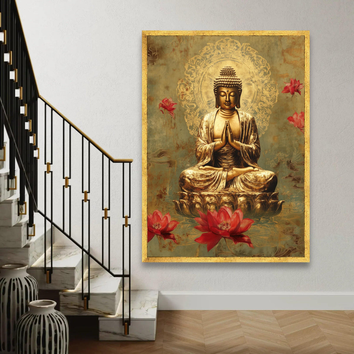 Golden Buddha Meditation Canvas Wall Art, Spiritual Lotus Flowers Decoration, Zen Buddhist Art, Tranquil Home Ready To Hang Decoration