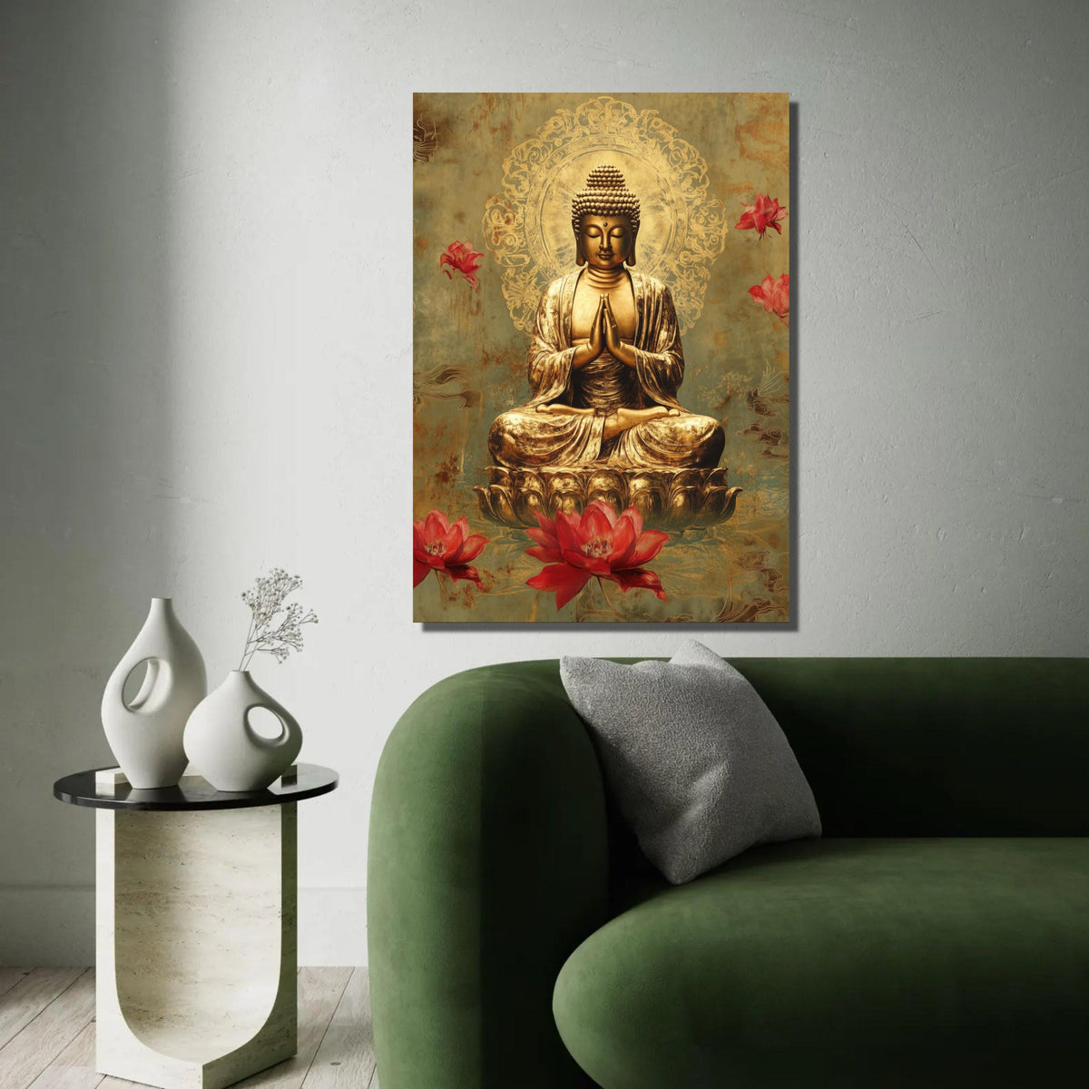 Golden Buddha Meditation Canvas Wall Art, Spiritual Lotus Flowers Decoration, Zen Buddhist Art, Tranquil Home Ready To Hang Decoration