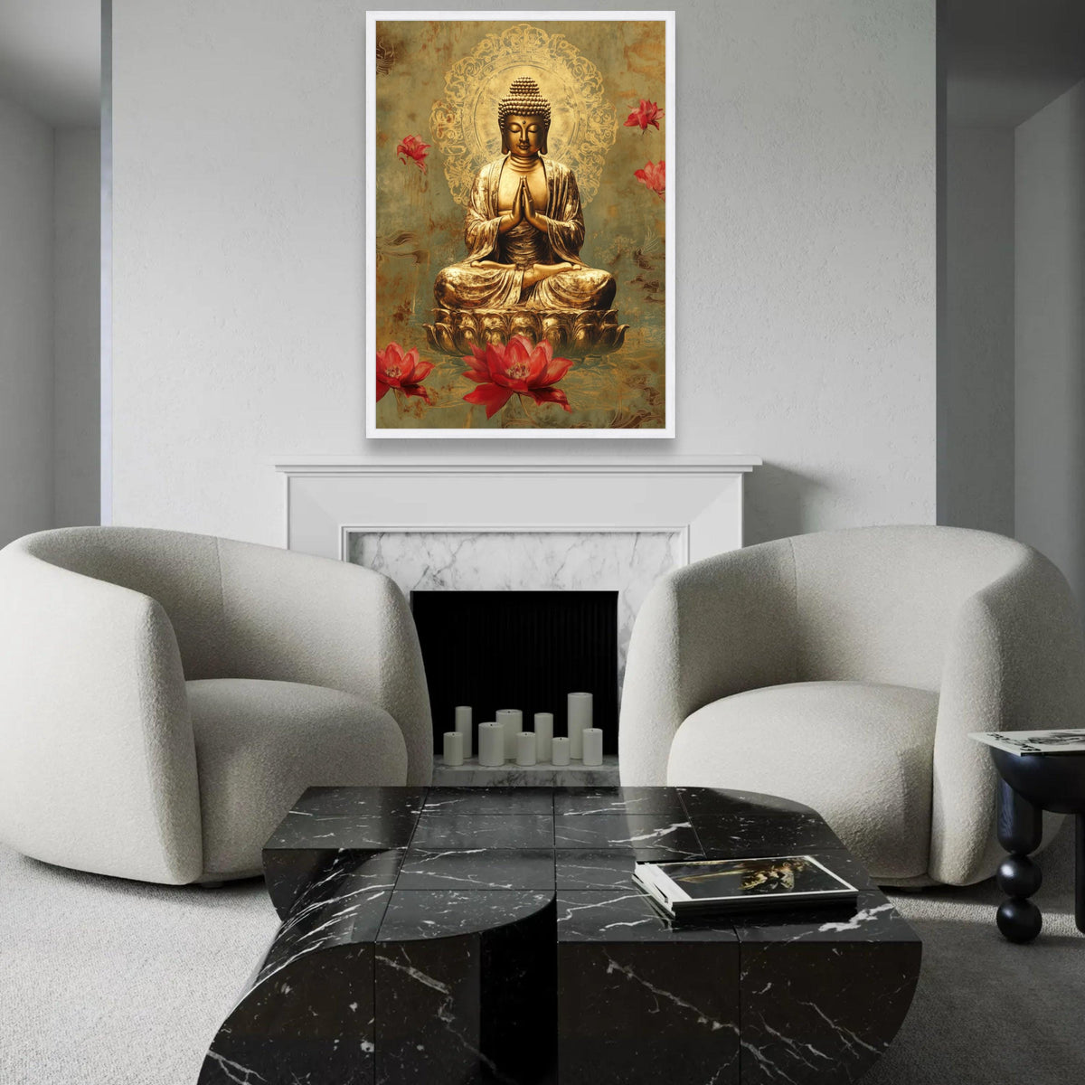 Golden Buddha Meditation Canvas Wall Art, Spiritual Lotus Flowers Decoration, Zen Buddhist Art, Tranquil Home Ready To Hang Decoration