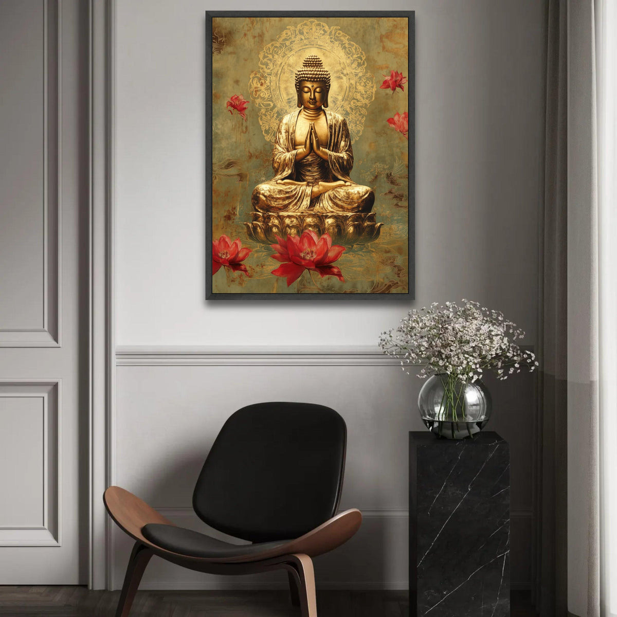 Golden Buddha Meditation Canvas Wall Art, Spiritual Lotus Flowers Decoration, Zen Buddhist Art, Tranquil Home Ready To Hang Decoration