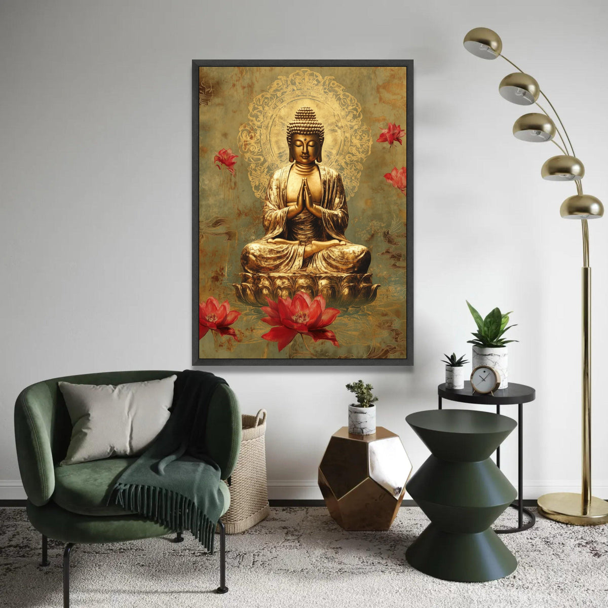 Golden Buddha Meditation Canvas Wall Art, Spiritual Lotus Flowers Decoration, Zen Buddhist Art, Tranquil Home Ready To Hang Decoration