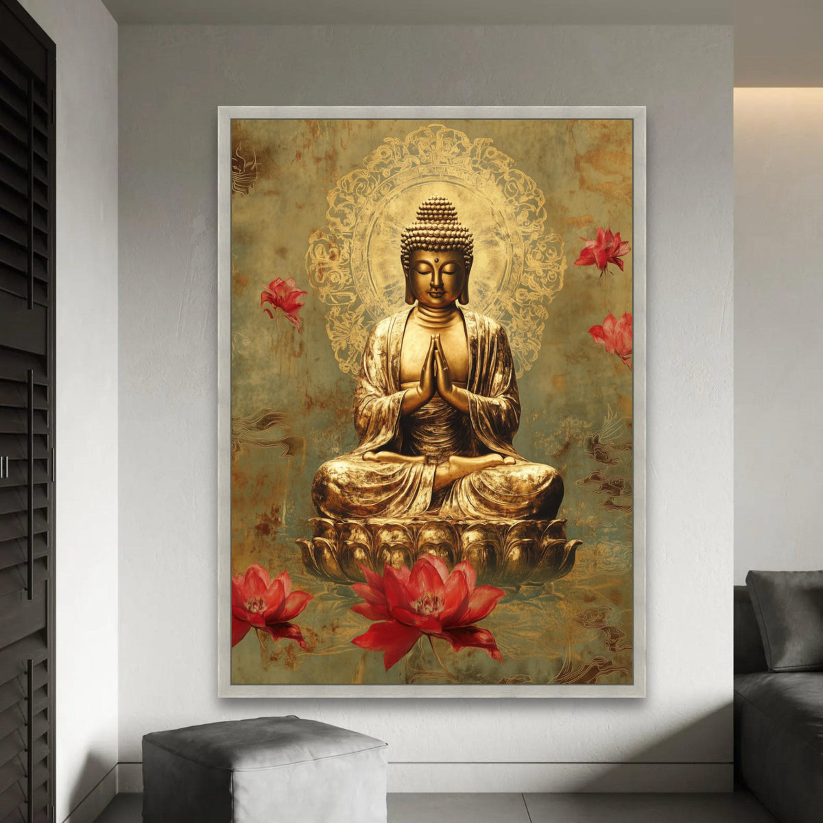 Golden Buddha Meditation Canvas Wall Art, Spiritual Lotus Flowers Decoration, Zen Buddhist Art, Tranquil Home Ready To Hang Decoration