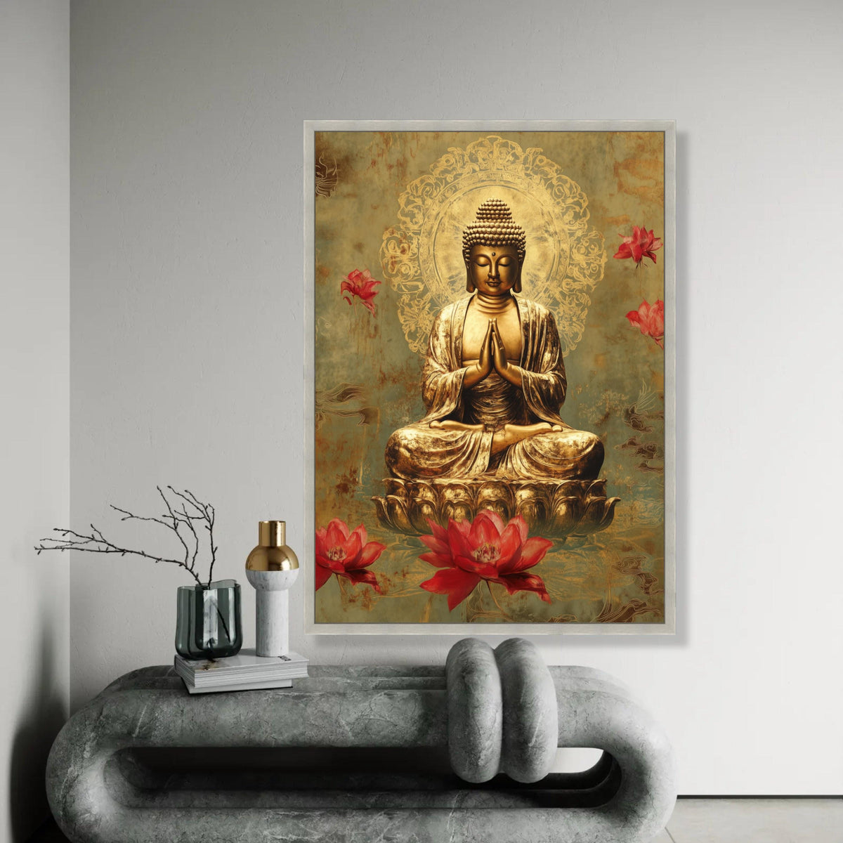Golden Buddha Meditation Canvas Wall Art, Spiritual Lotus Flowers Decoration, Zen Buddhist Art, Tranquil Home Ready To Hang Decoration