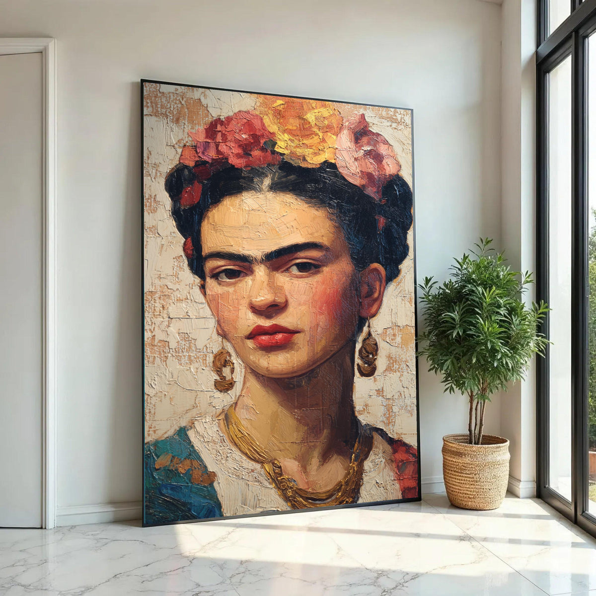 Frida Kahlo Portrait Canvas Wall Art, Mexican Folk Art Painting, Bold Female Icon Canvas, Floral Crown Decorative Ready To Hang Decoration