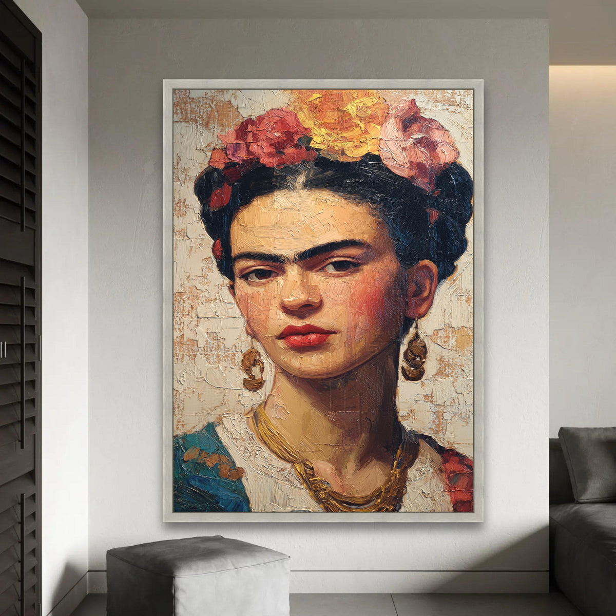 Frida Kahlo Portrait Canvas Wall Art, Mexican Folk Art Painting, Bold Female Icon Canvas, Floral Crown Decorative Ready To Hang Decoration