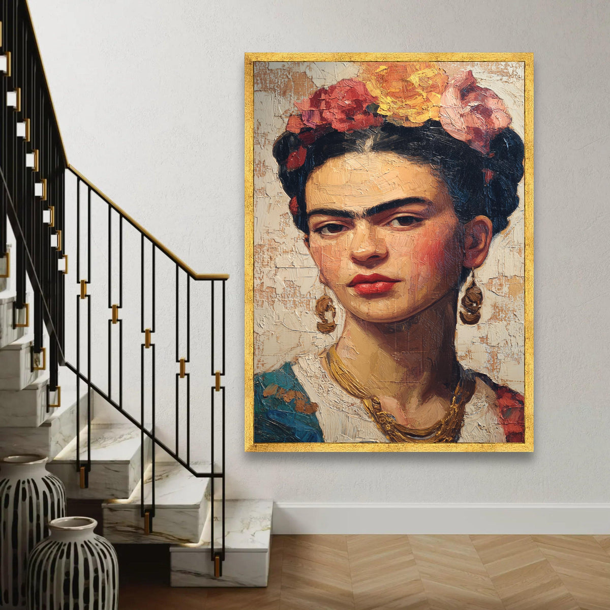 Frida Kahlo Portrait Canvas Wall Art, Mexican Folk Art Painting, Bold Female Icon Canvas, Floral Crown Decorative Ready To Hang Decoration