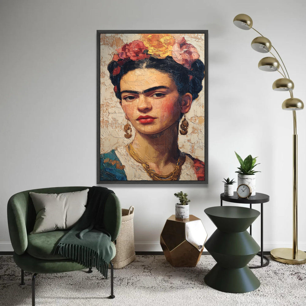 Frida Kahlo Portrait Canvas Wall Art, Mexican Folk Art Painting, Bold Female Icon Canvas, Floral Crown Decorative Ready To Hang Decoration
