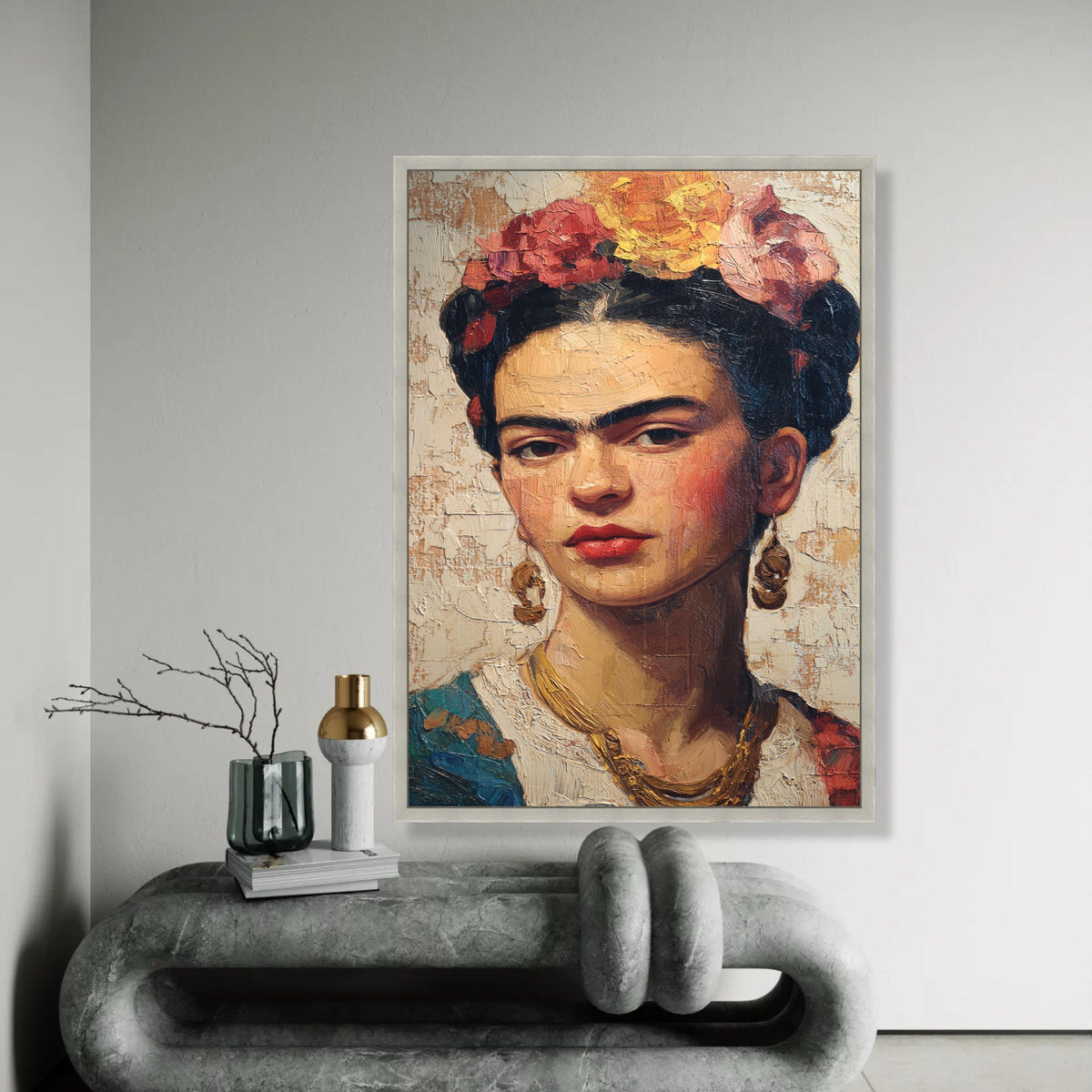 Frida Kahlo Portrait Canvas Wall Art, Mexican Folk Art Painting, Bold Female Icon Canvas, Floral Crown Decorative Ready To Hang Decoration