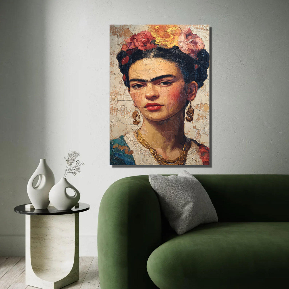 Frida Kahlo Portrait Canvas Wall Art, Mexican Folk Art Painting, Bold Female Icon Canvas, Floral Crown Decorative Ready To Hang Decoration