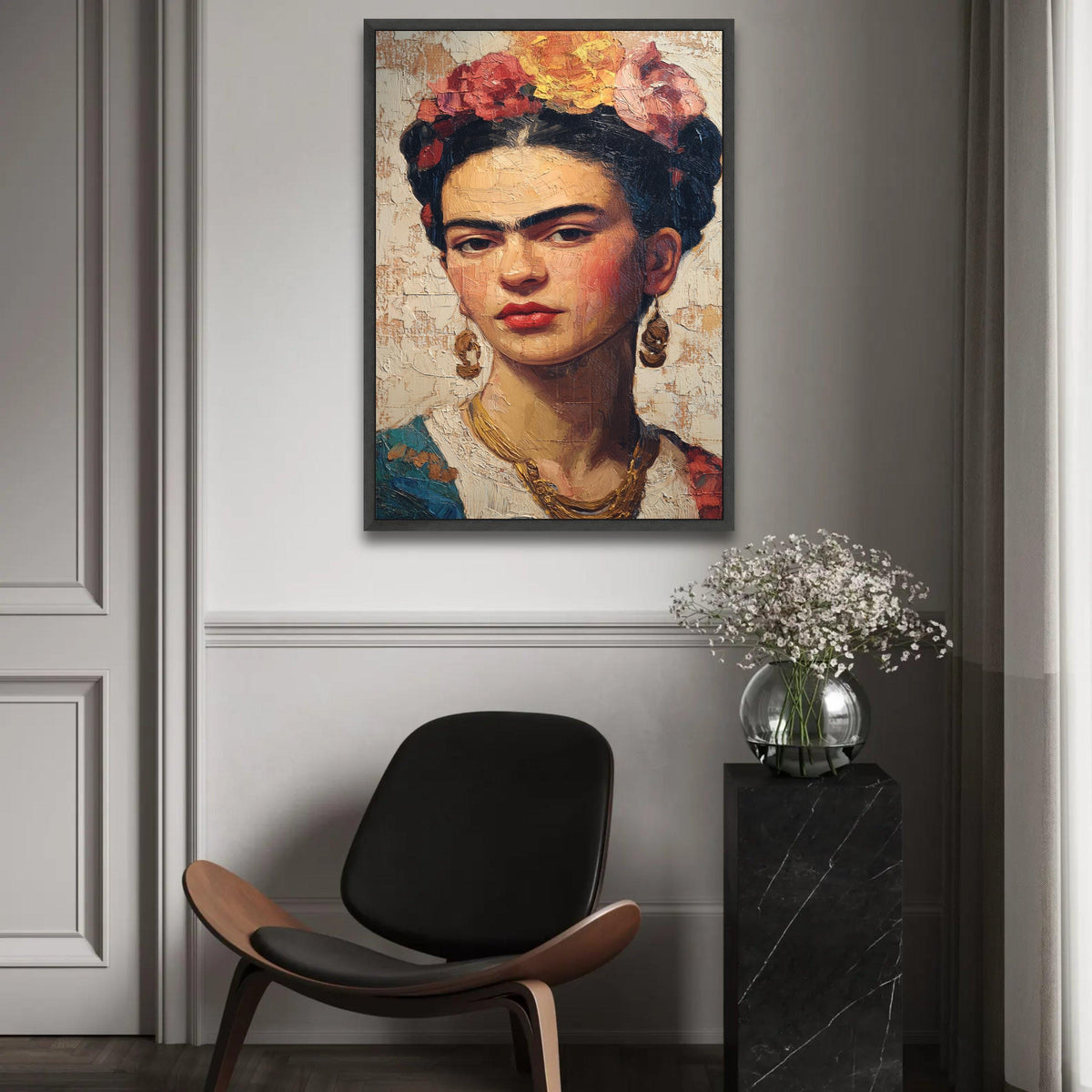 Frida Kahlo Portrait Canvas Wall Art, Mexican Folk Art Painting, Bold Female Icon Canvas, Floral Crown Decorative Ready To Hang Decoration