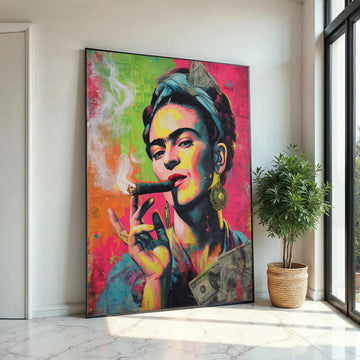 Bold Frida Kahlo Portrait Canvas, Vibrant Pop Art Wall Decor, Colorful Female Icon Painting, Modern Artistic Home Ready To Hang Decoration