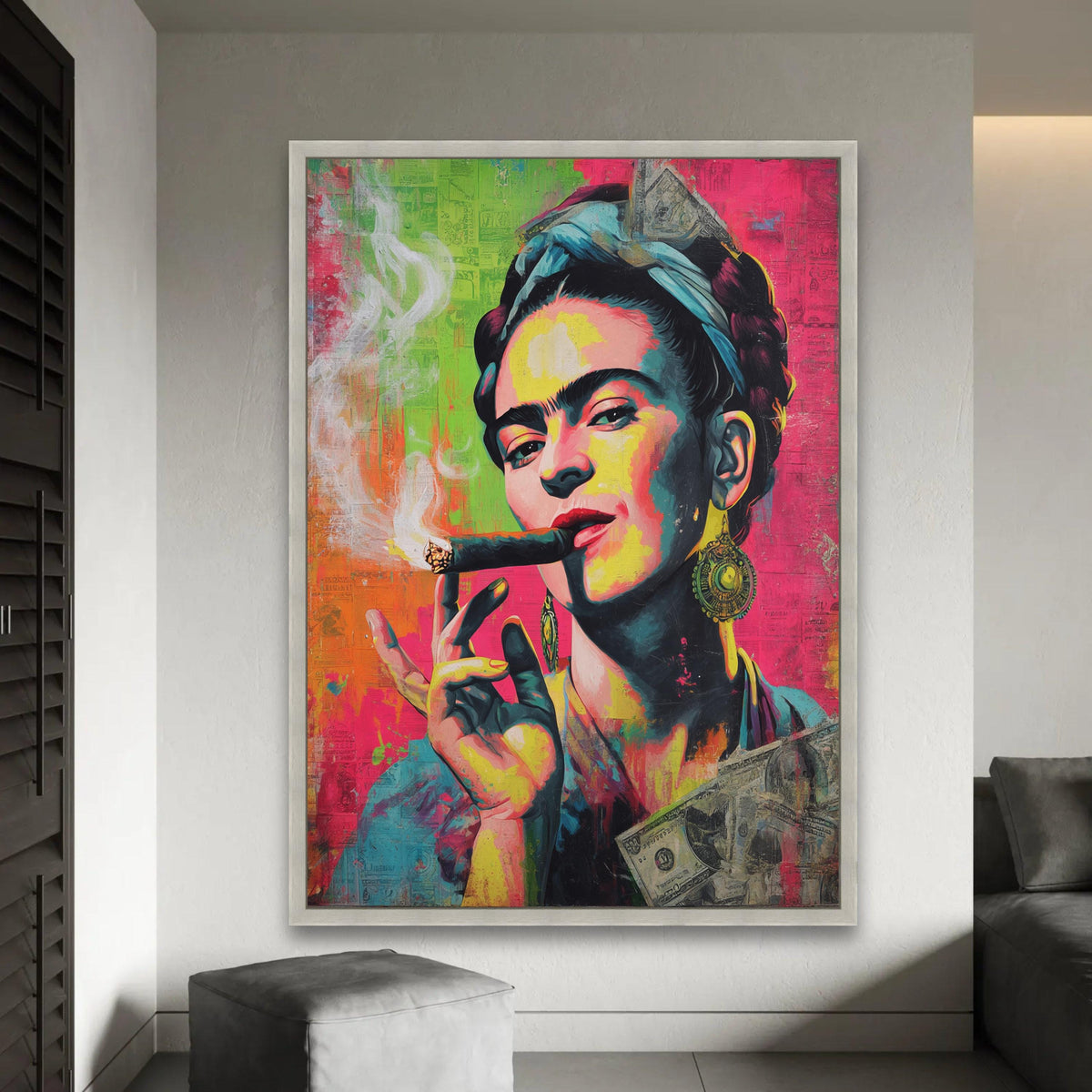 Bold Frida Kahlo Portrait Canvas, Vibrant Pop Art Wall Decor, Colorful Female Icon Painting, Modern Artistic Home Ready To Hang Decoration