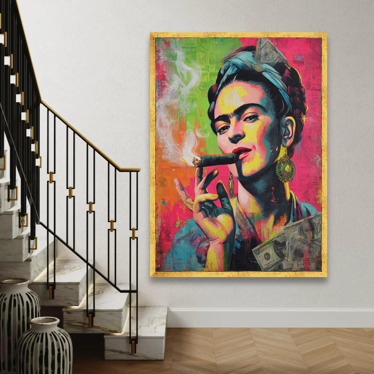Bold Frida Kahlo Portrait Canvas, Vibrant Pop Art Wall Decor, Colorful Female Icon Painting, Modern Artistic Home Ready To Hang Decoration