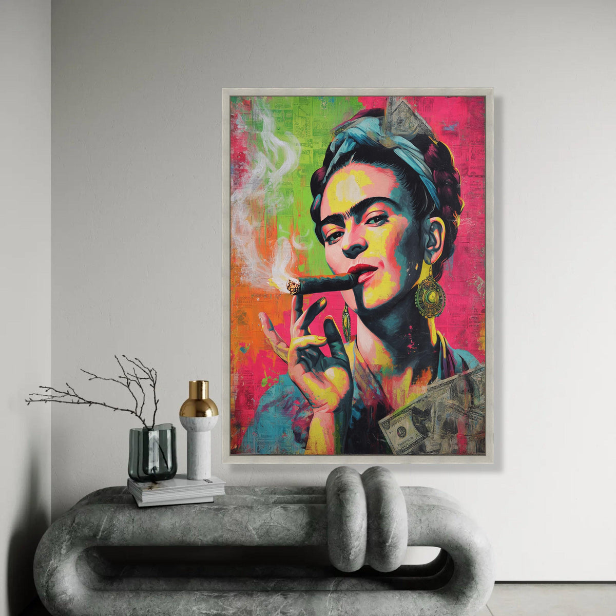 Bold Frida Kahlo Portrait Canvas, Vibrant Pop Art Wall Decor, Colorful Female Icon Painting, Modern Artistic Home Ready To Hang Decoration