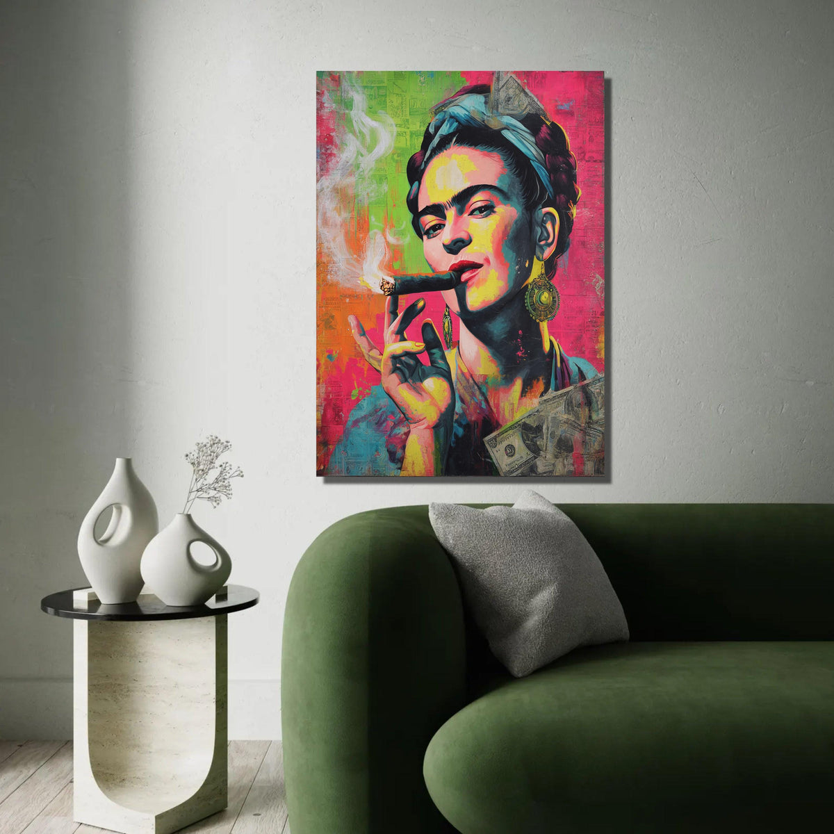 Bold Frida Kahlo Portrait Canvas, Vibrant Pop Art Wall Decor, Colorful Female Icon Painting, Modern Artistic Home Ready To Hang Decoration
