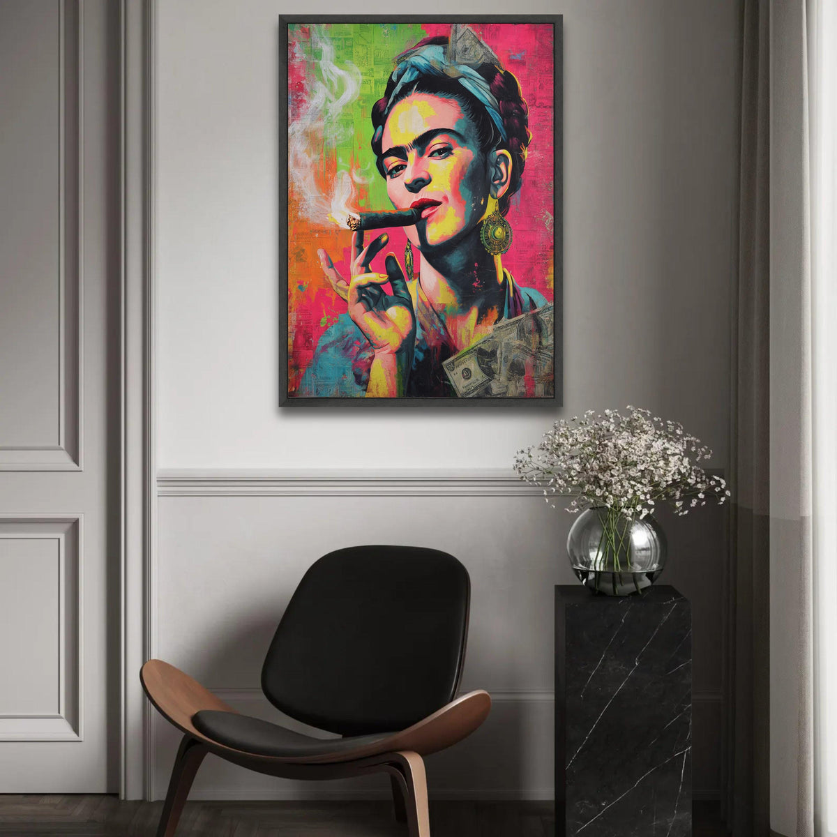 Bold Frida Kahlo Portrait Canvas, Vibrant Pop Art Wall Decor, Colorful Female Icon Painting, Modern Artistic Home Ready To Hang Decoration