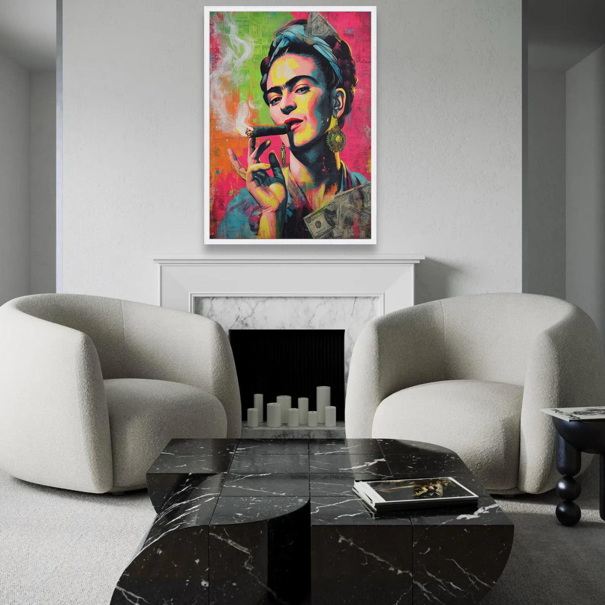 Bold Frida Kahlo Portrait Canvas, Vibrant Pop Art Wall Decor, Colorful Female Icon Painting, Modern Artistic Home Ready To Hang Decoration