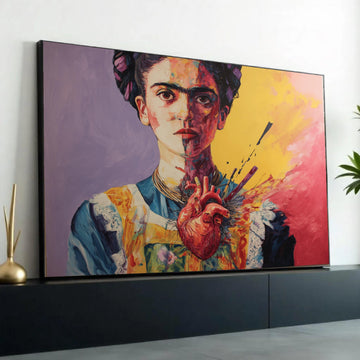 Vibrant Frida Kahlo Portrait Canvas, Surreal Heart Art, Colorful Modern Wall Art, Abstract Female Canvas, Home Ready To Hang Decoration