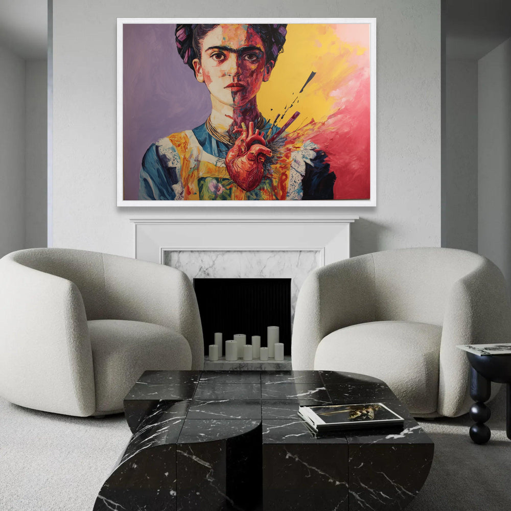 Vibrant Frida Kahlo Portrait Canvas, Surreal Heart Art, Colorful Modern Wall Art, Abstract Female Canvas, Home Ready To Hang Decoration