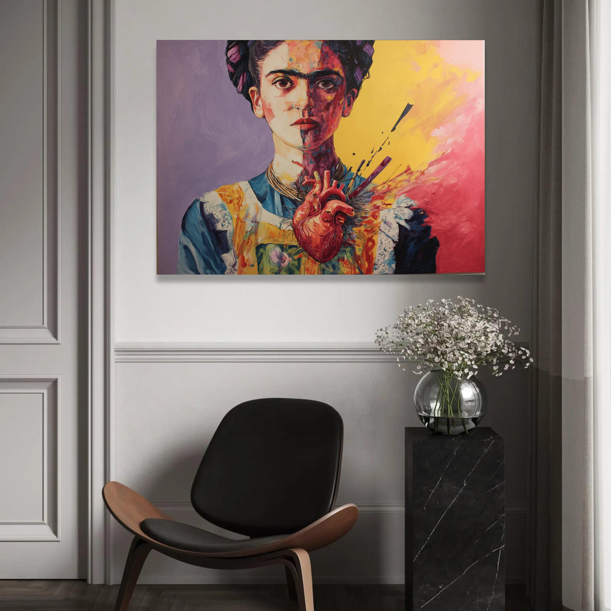 Vibrant Frida Kahlo Portrait Canvas, Surreal Heart Art, Colorful Modern Wall Art, Abstract Female Canvas, Home Ready To Hang Decoration