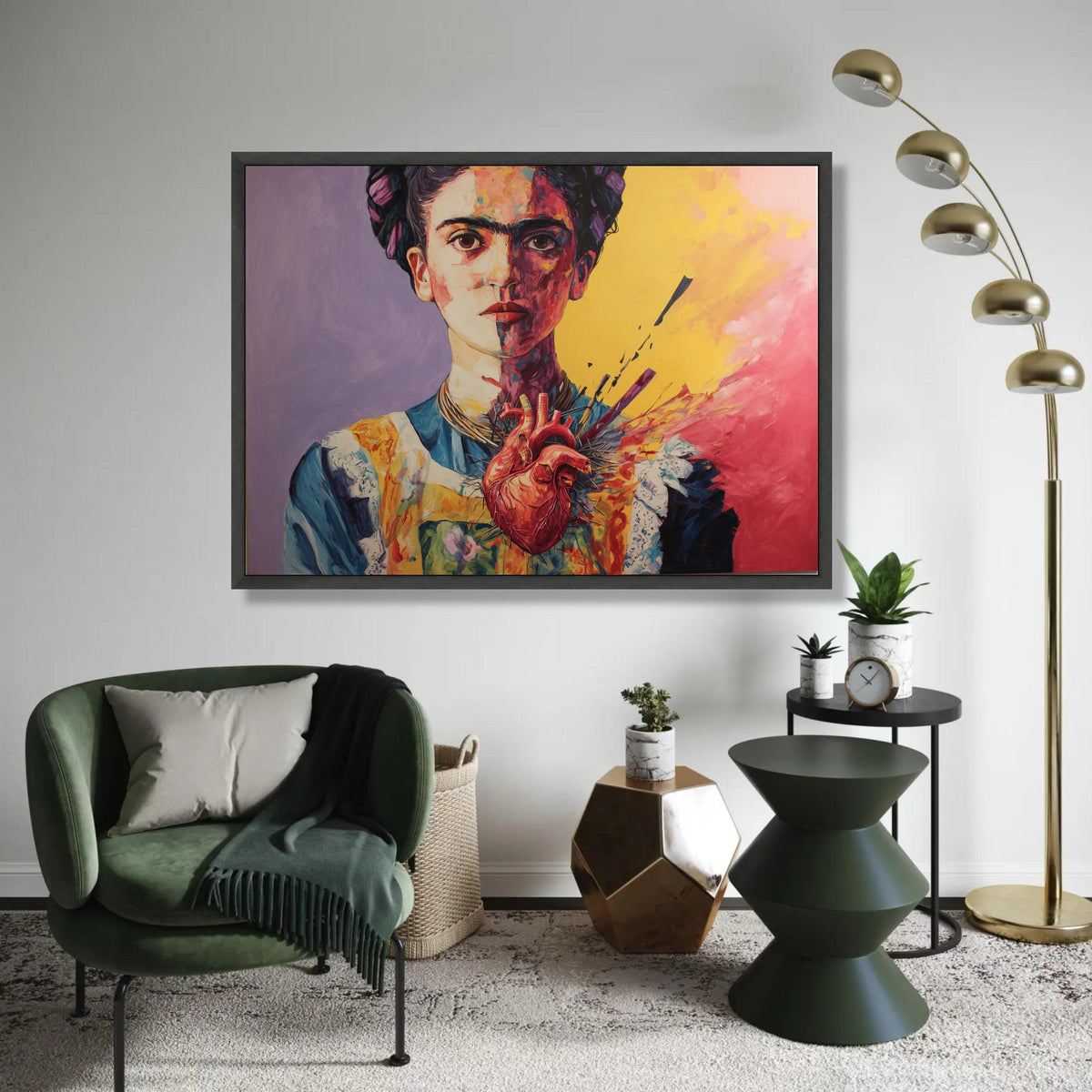 Vibrant Frida Kahlo Portrait Canvas, Surreal Heart Art, Colorful Modern Wall Art, Abstract Female Canvas, Home Ready To Hang Decoration