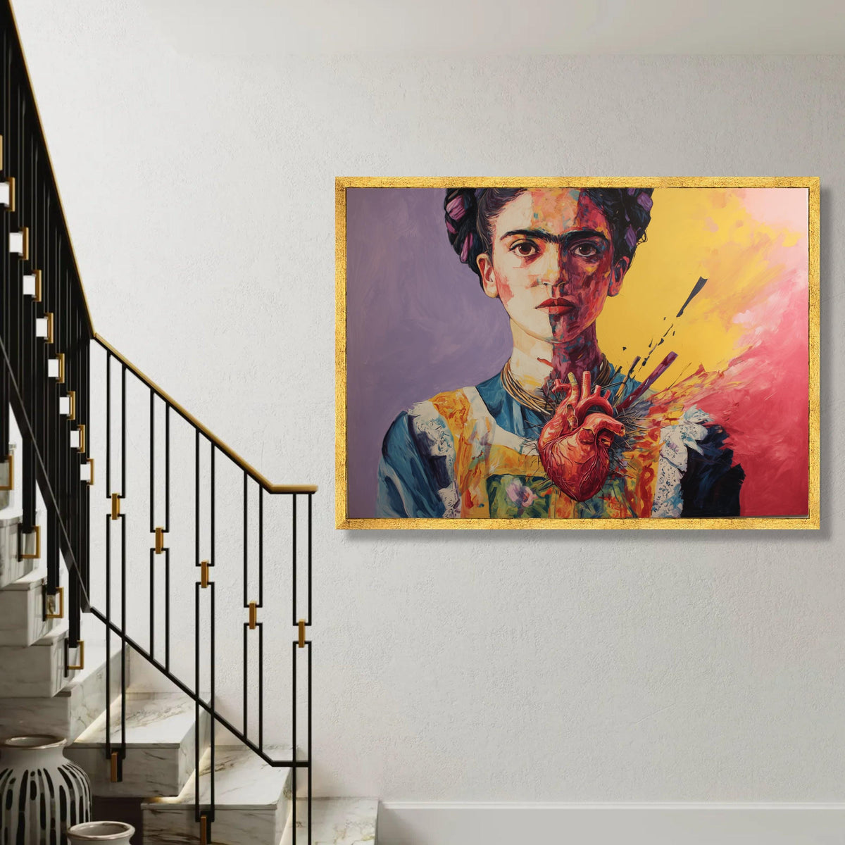 Vibrant Frida Kahlo Portrait Canvas, Surreal Heart Art, Colorful Modern Wall Art, Abstract Female Canvas, Home Ready To Hang Decoration