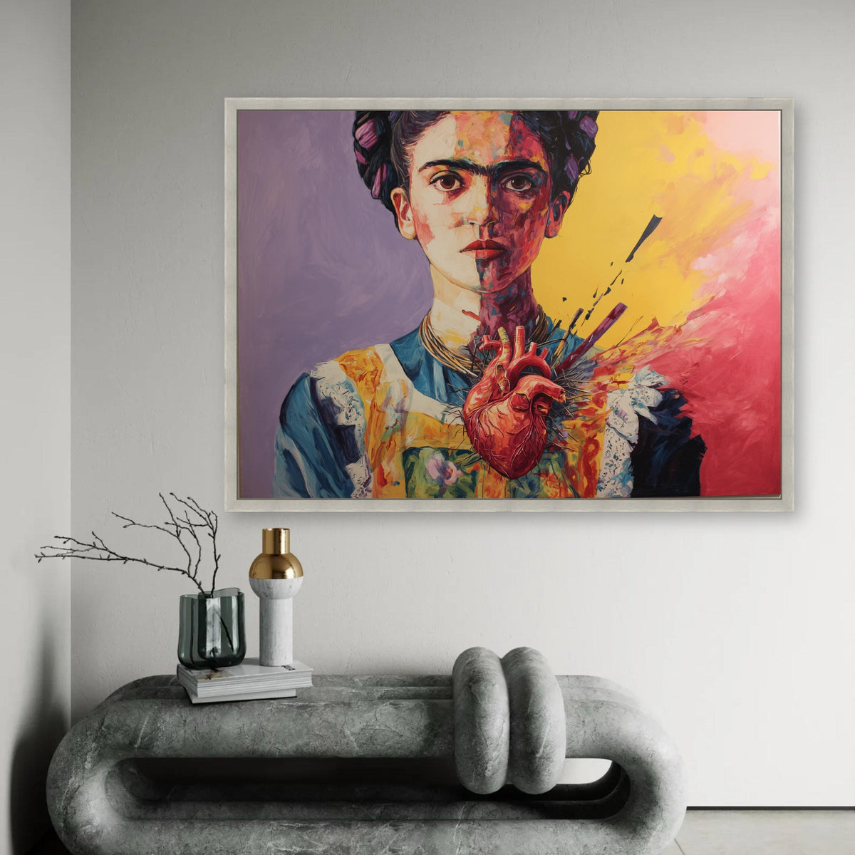 Vibrant Frida Kahlo Portrait Canvas, Surreal Heart Art, Colorful Modern Wall Art, Abstract Female Canvas, Home Ready To Hang Decoration