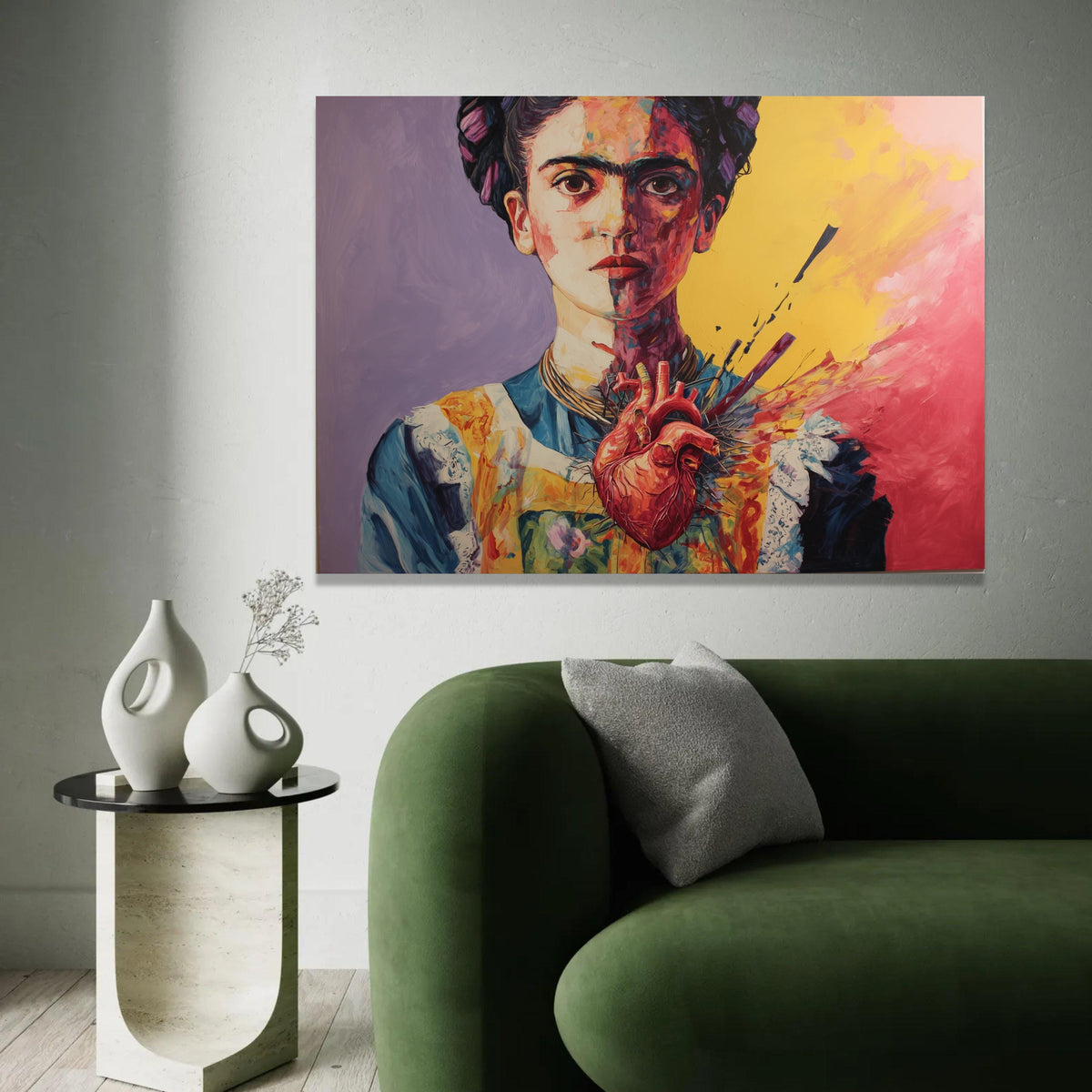 Vibrant Frida Kahlo Portrait Canvas, Surreal Heart Art, Colorful Modern Wall Art, Abstract Female Canvas, Home Ready To Hang Decoration