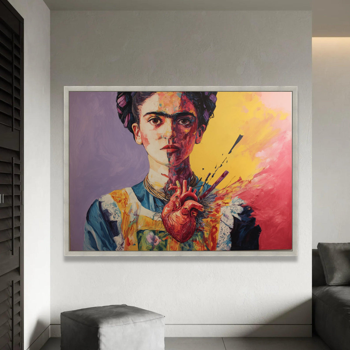 Vibrant Frida Kahlo Portrait Canvas, Surreal Heart Art, Colorful Modern Wall Art, Abstract Female Canvas, Home Ready To Hang Decoration