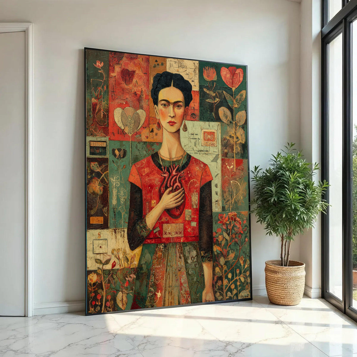 Frida Kahlo Portrait Canvas, Heart Symbolism Art, Mexican Artist Wall Art, Floral Pattern Background, Modern Ready To Hang Decoration