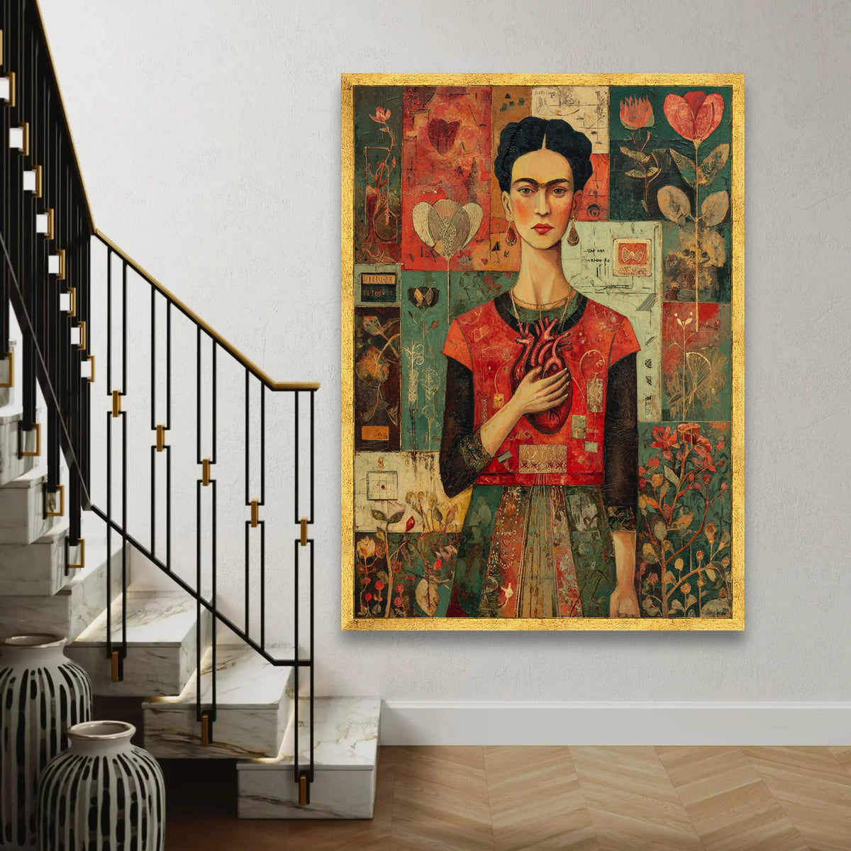Frida Kahlo Portrait Canvas, Heart Symbolism Art, Mexican Artist Wall Art, Floral Pattern Background, Modern Ready To Hang Decoration