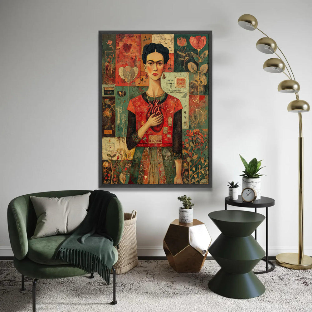 Frida Kahlo Portrait Canvas, Heart Symbolism Art, Mexican Artist Wall Art, Floral Pattern Background, Modern Ready To Hang Decoration