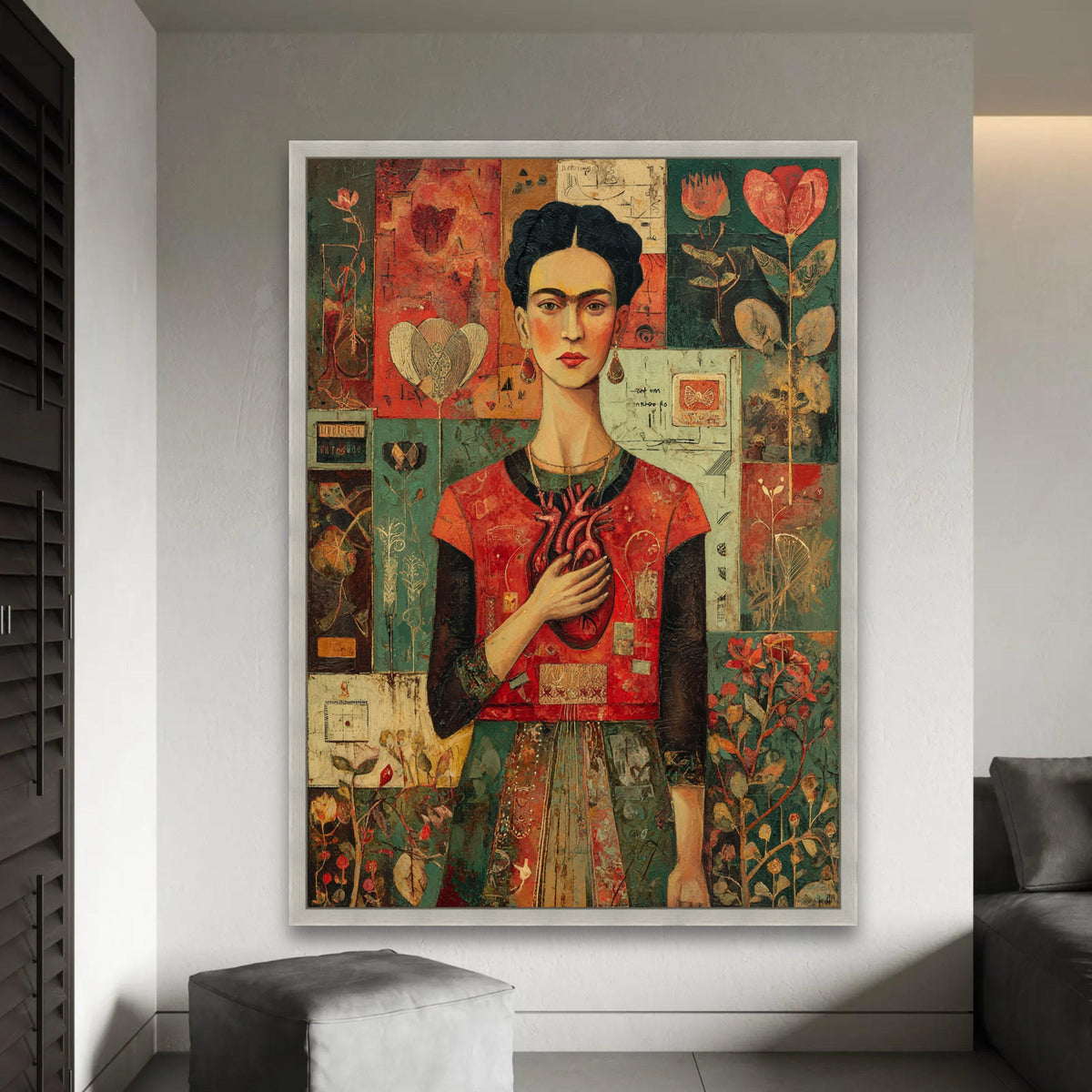 Frida Kahlo Portrait Canvas, Heart Symbolism Art, Mexican Artist Wall Art, Floral Pattern Background, Modern Ready To Hang Decoration